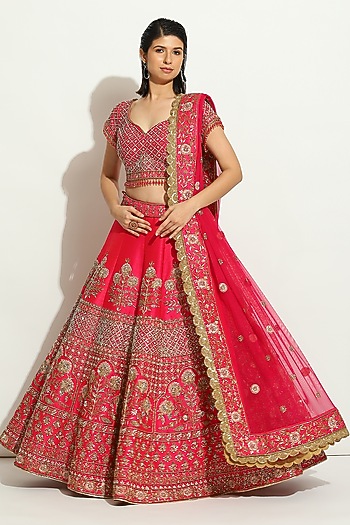 Fuchsia Pink Dupion Silk Zardosi Embroidered Bridal Lehenga Set by Vandana Sethi at Pernia's Pop Up Shop