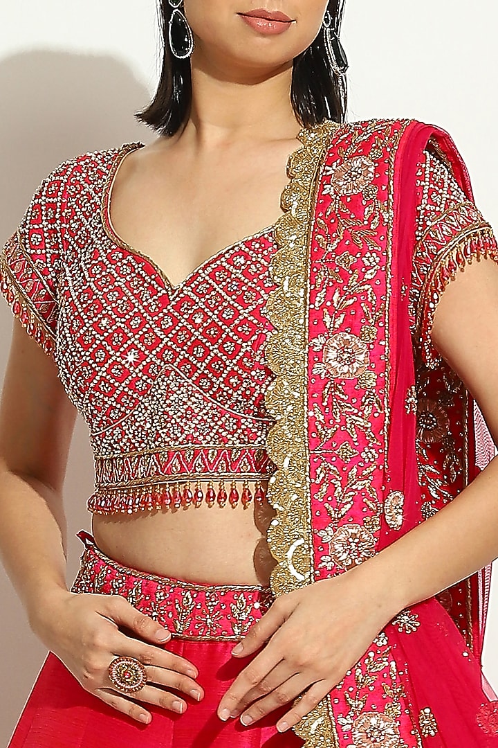 Fuchsia Pink Dupion Silk Zardosi Embroidered Bridal Lehenga Set by Vandana Sethi at Pernia's Pop Up Shop