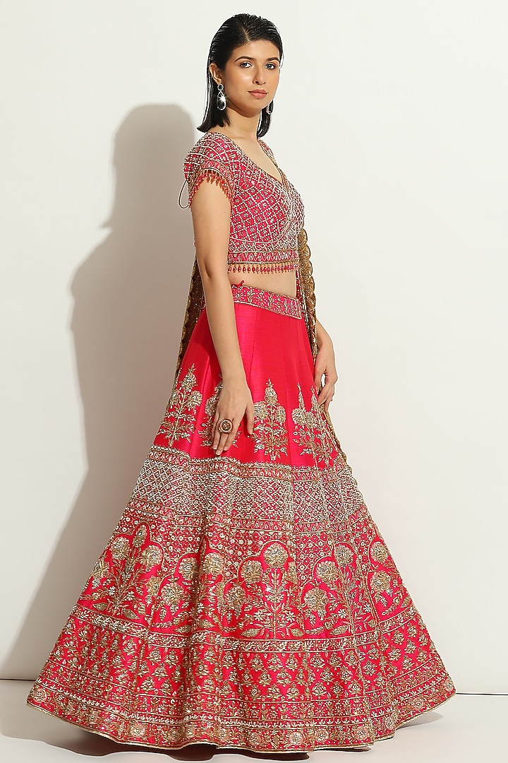 Fuchsia Pink Dupion Silk Zardosi Embroidered Bridal Lehenga Set by Vandana Sethi at Pernia's Pop Up Shop