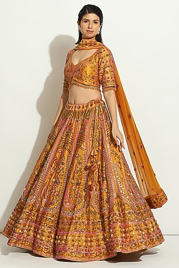 Ochre Yellow Dupion Silk Zardosi Embroidered Bridal Lehenga Set by Vandana Sethi at Pernia's Pop Up Shop