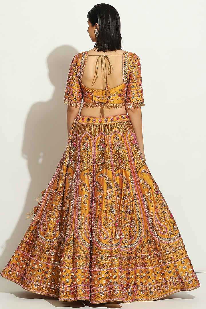 Ochre Yellow Dupion Silk Zardosi Embroidered Bridal Lehenga Set by Vandana Sethi at Pernia's Pop Up Shop