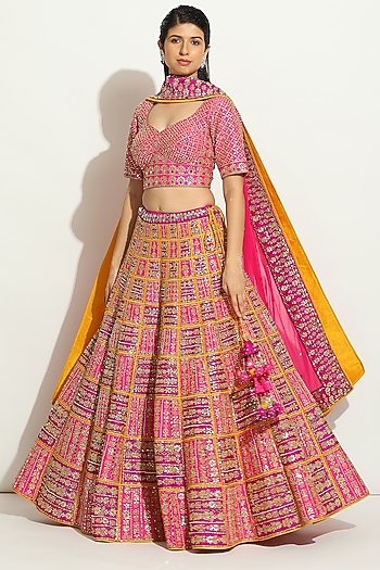 Multi-Colored Dupion Silk Gota-Patti Embroidered Bridal Lehenga Set by Vandana Sethi at Pernia's Pop Up Shop