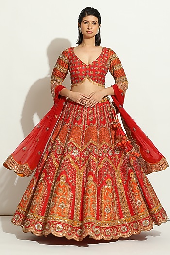 Rustic Red Dupion Silk Zardosi Embroidered Bridal Lehenga Set by Vandana Sethi at Pernia's Pop Up Shop