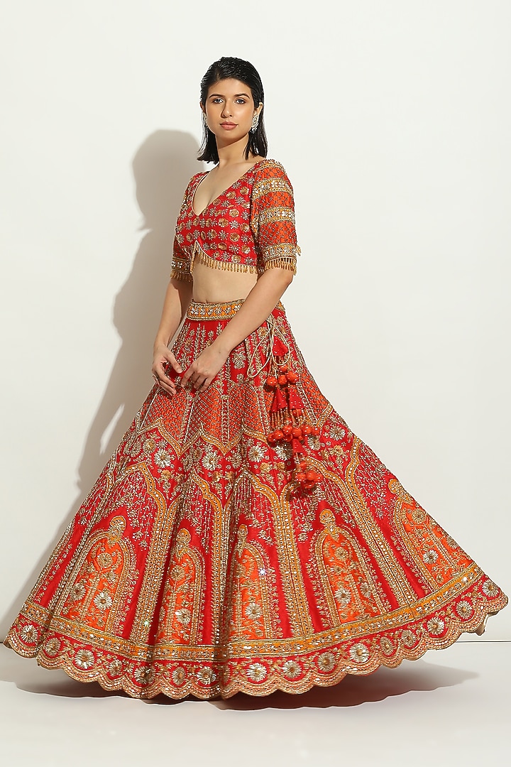 Rustic Red Dupion Silk Zardosi Embroidered Bridal Lehenga Set by Vandana Sethi at Pernia's Pop Up Shop