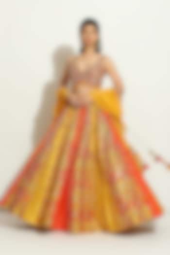 Multi-Colored Brocade Mirror Embroidered Bridal Lehenga Set by Vandana Sethi at Pernia's Pop Up Shop