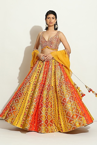 Multi-Colored Brocade Mirror Embroidered Lehenga Set by Vandana Sethi