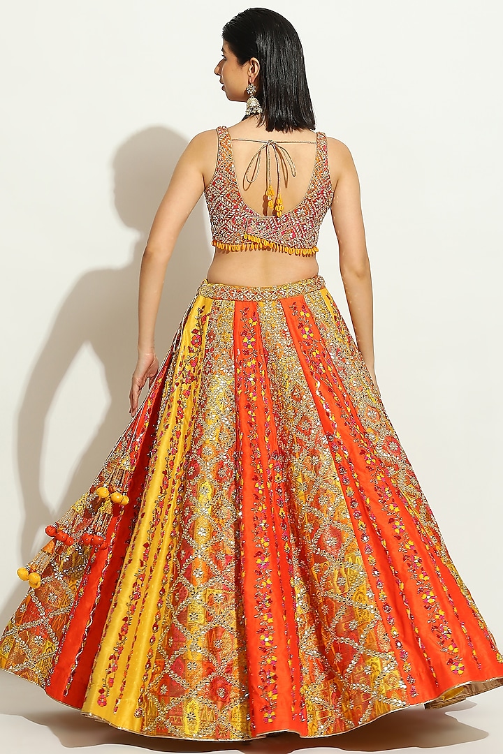 Multi-Colored Brocade Mirror Embroidered Bridal Lehenga Set by Vandana Sethi at Pernia's Pop Up Shop