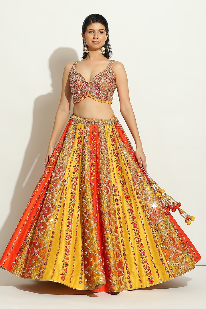 Multi-Colored Brocade Mirror Embroidered Bridal Lehenga Set by Vandana Sethi at Pernia's Pop Up Shop