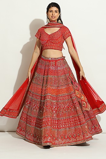 Royal Red Dupion Silk Zardosi Embroidered Bridal Lehenga Set by Vandana Sethi at Pernia's Pop Up Shop