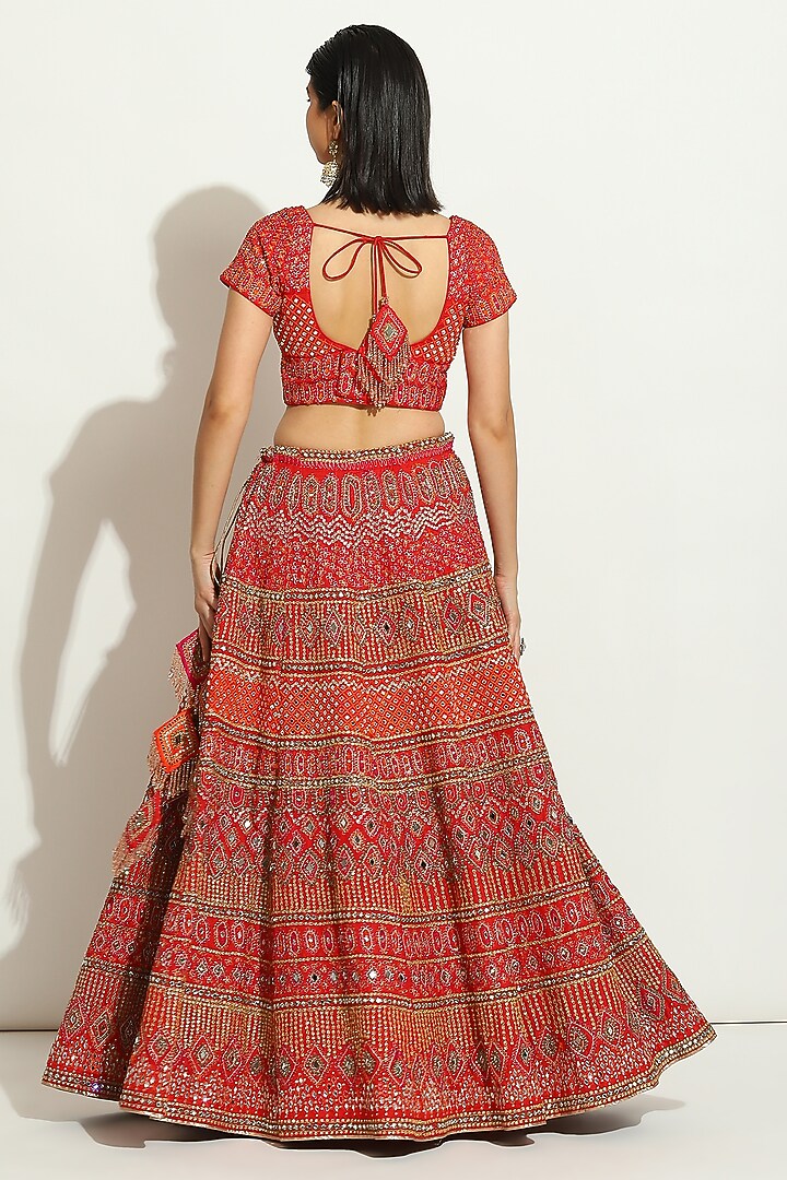 Royal Red Dupion Silk Zardosi Embroidered Bridal Lehenga Set by Vandana Sethi at Pernia's Pop Up Shop