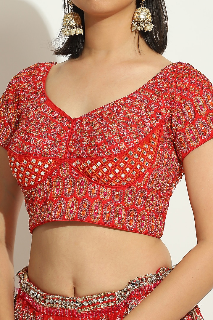 Royal Red Dupion Silk Zardosi Embroidered Bridal Lehenga Set by Vandana Sethi at Pernia's Pop Up Shop