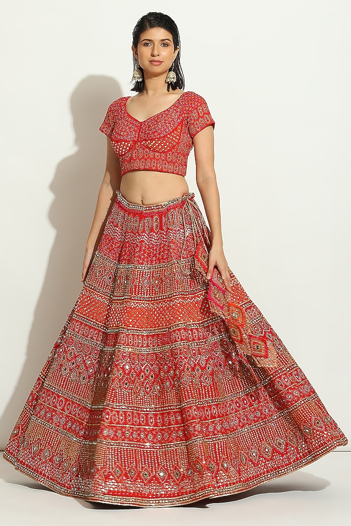 Royal Red Dupion Silk Zardosi Embroidered Bridal Lehenga Set by Vandana Sethi at Pernia's Pop Up Shop