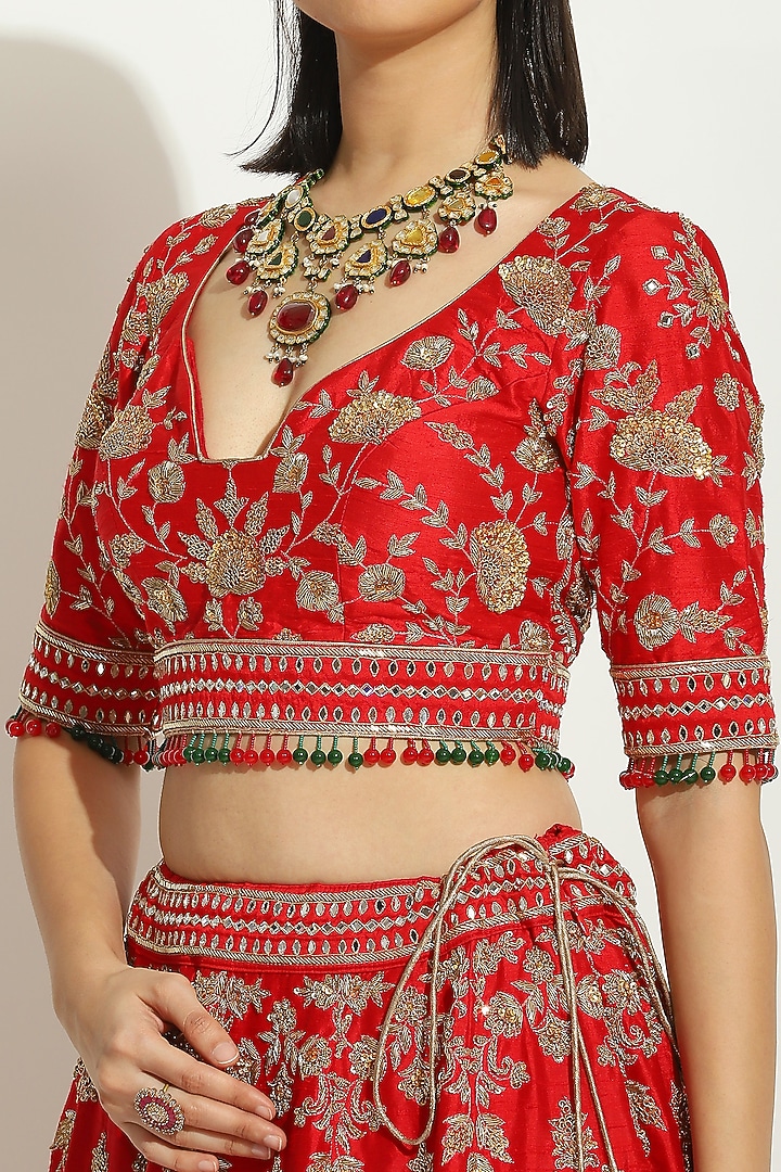 Red Raw Silk Zardosi Embroidered Bridal Lehenga Set by Vandana Sethi at Pernia's Pop Up Shop