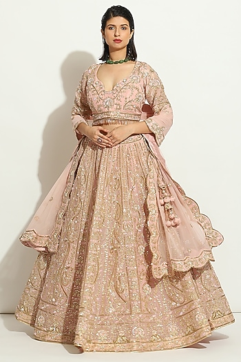 Pink Organza Zardosi Embroidered Bridal Lehenga Set by Vandana Sethi at Pernia's Pop Up Shop