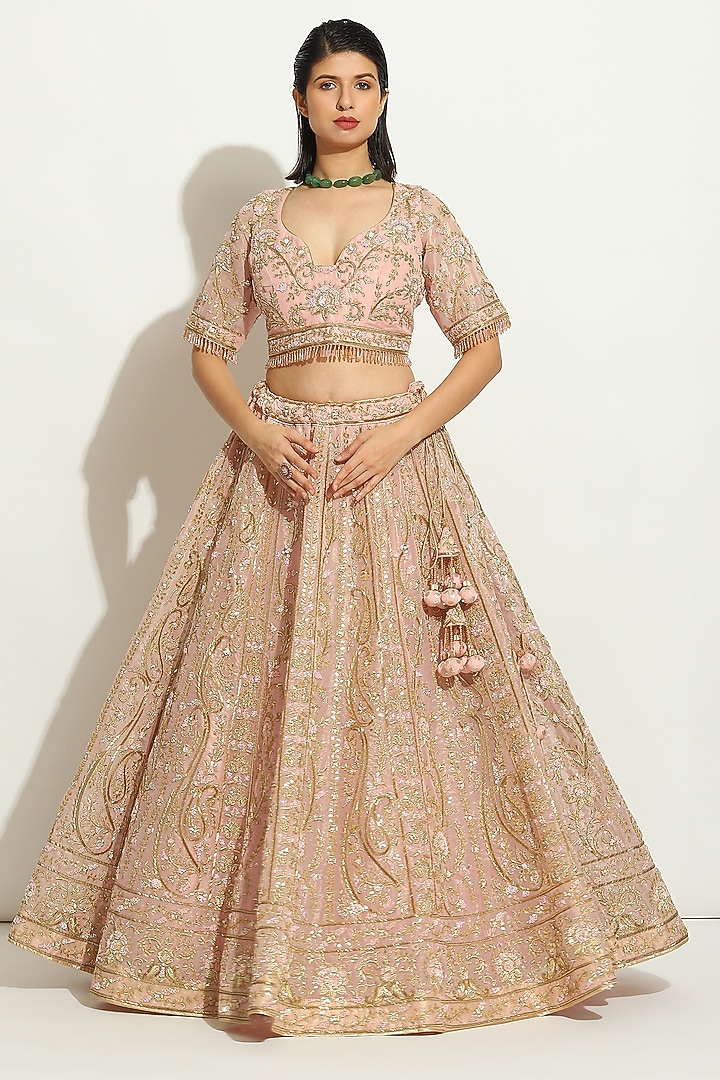 Pink Organza Zardosi Embroidered Bridal Lehenga Set by Vandana Sethi at Pernia's Pop Up Shop