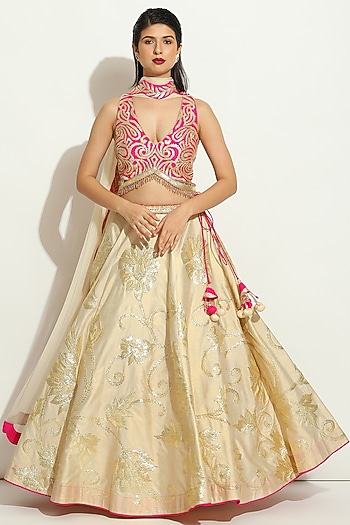 Ivory Dupion Silk Gota Embroidered Wedding Lehenga Set by Vandana Sethi at Pernia's Pop Up Shop
