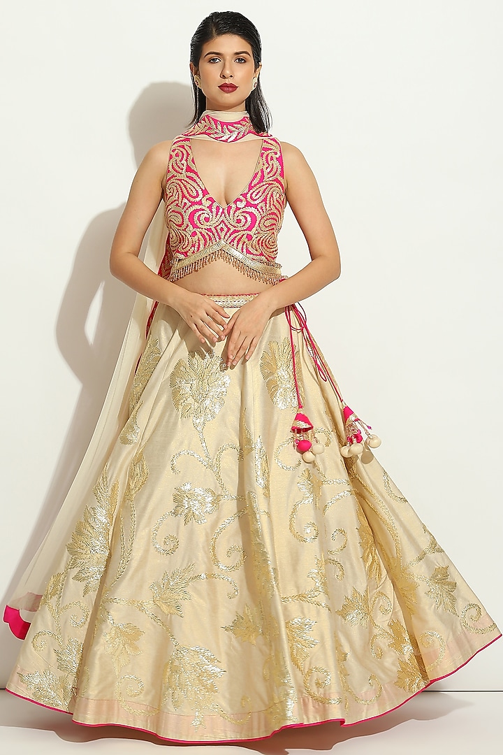 Ivory Dupion Silk Gota Embroidered Wedding Lehenga Set by Vandana Sethi at Pernia's Pop Up Shop