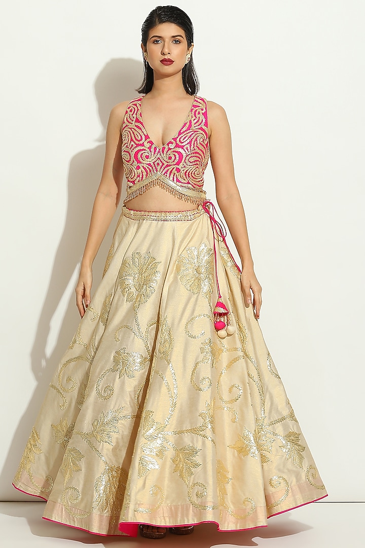 Ivory Dupion Silk Gota Embroidered Wedding Lehenga Set by Vandana Sethi at Pernia's Pop Up Shop