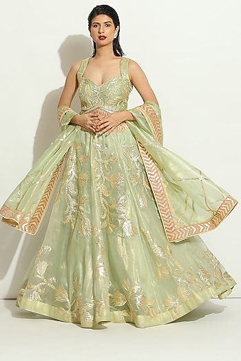 Green Organza Gota Embroidered Wedding Lehenga Set by Vandana Sethi at Pernia's Pop Up Shop
