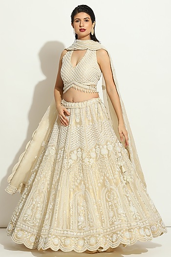 Ivory Shimmer Organza Pearl Embroidered Bridal Lehenga Set by Vandana Sethi at Pernia's Pop Up Shop