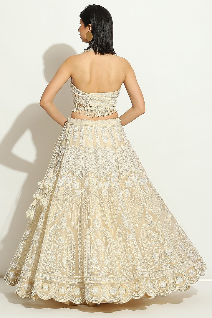 Ivory Shimmer Organza Pearl Embroidered Bridal Lehenga Set by Vandana Sethi at Pernia's Pop Up Shop