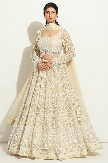 Ivory Shimmer Organza Pearl Embroidered Bridal Lehenga Set by Vandana Sethi at Pernia's Pop Up Shop