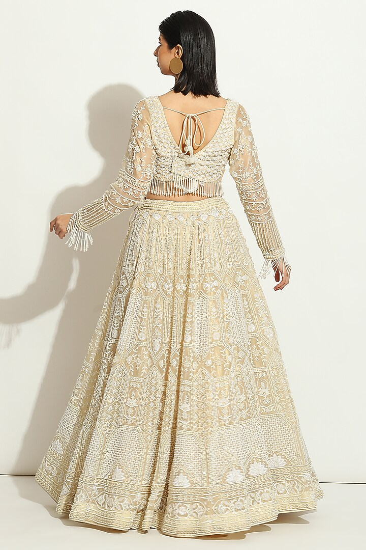 Ivory Shimmer Organza Pearl Embroidered Bridal Lehenga Set by Vandana Sethi at Pernia's Pop Up Shop