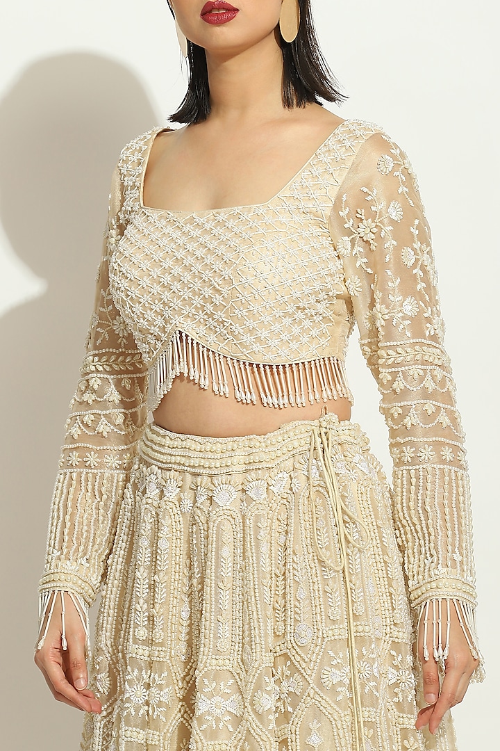 Ivory Shimmer Organza Pearl Embroidered Bridal Lehenga Set by Vandana Sethi at Pernia's Pop Up Shop
