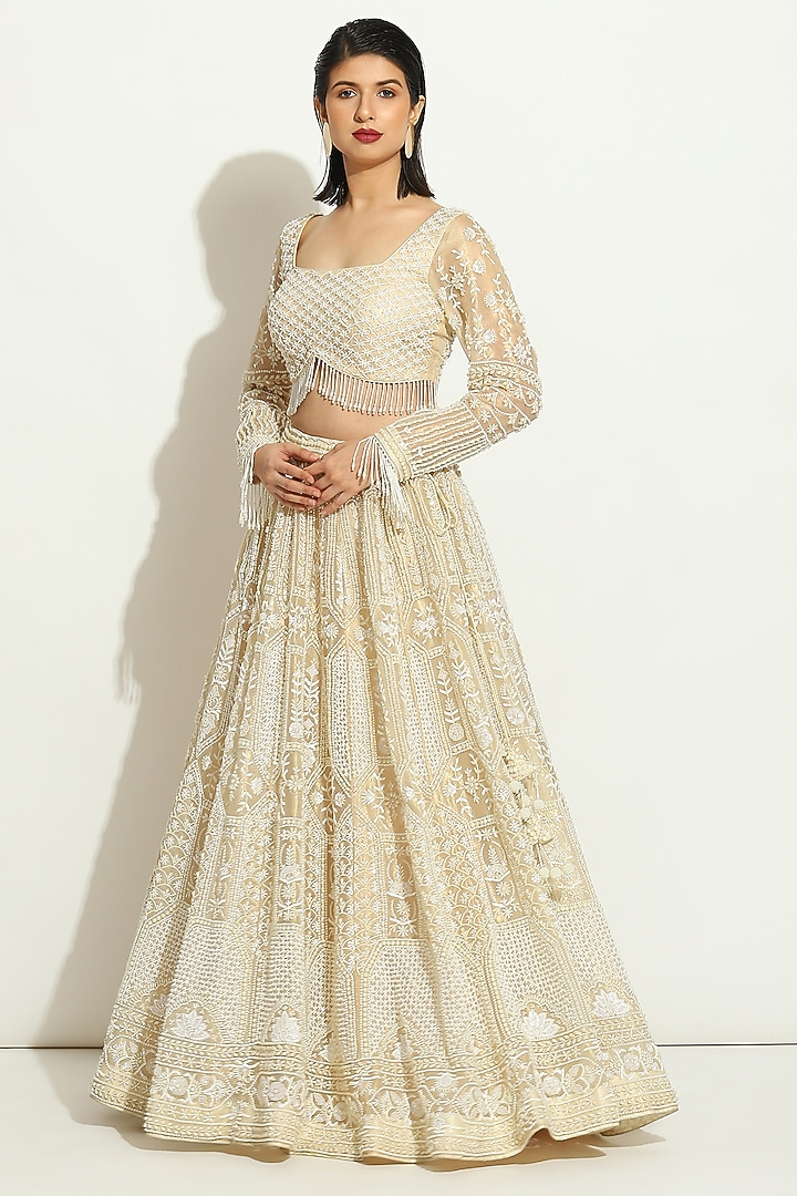 Ivory Shimmer Organza Pearl Embroidered Bridal Lehenga Set by Vandana Sethi at Pernia's Pop Up Shop
