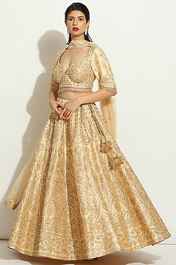 Light Gold Shimmer Raw Silk Sequins Embroidered Bridal Lehenga Set by Vandana Sethi at Pernia's Pop Up Shop