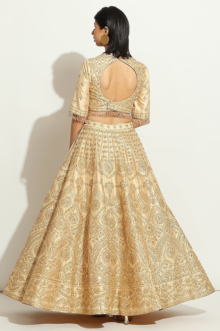 Light Gold Shimmer Raw Silk Sequins Embroidered Bridal Lehenga Set by Vandana Sethi at Pernia's Pop Up Shop