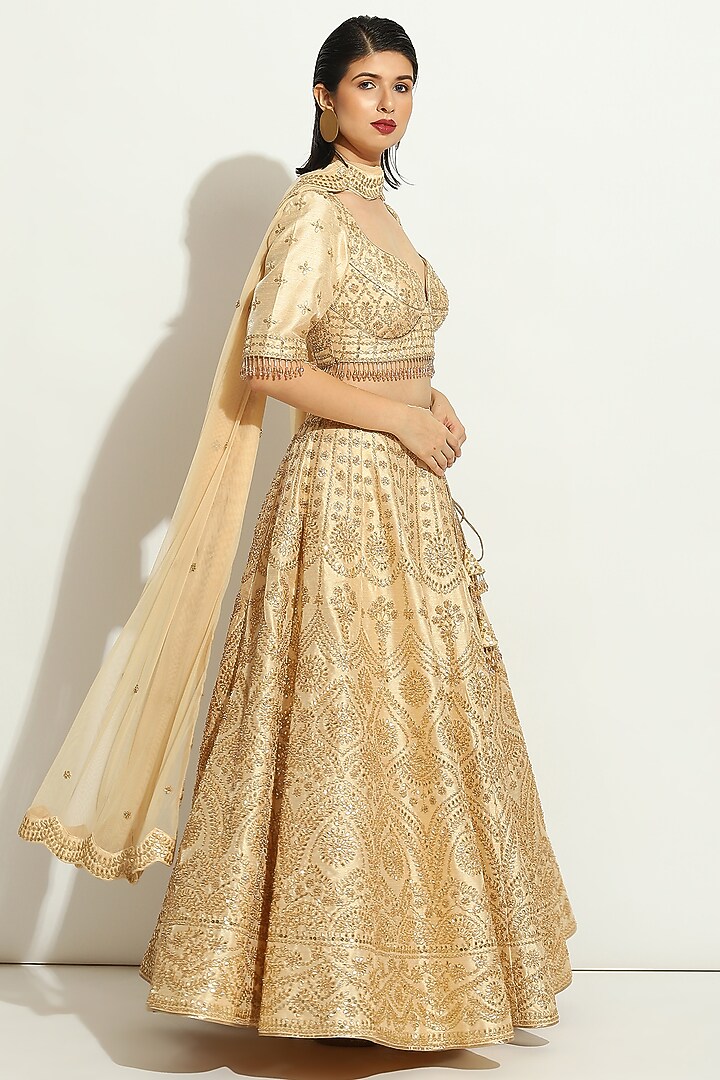 Light Gold Shimmer Raw Silk Sequins Embroidered Bridal Lehenga Set by Vandana Sethi at Pernia's Pop Up Shop