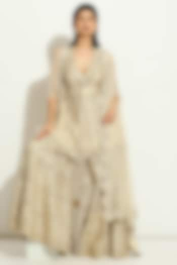 Ivory Shimmer Raw Silk Mirror Embroidered Gharara Set by Vandana Sethi at Pernia's Pop Up Shop