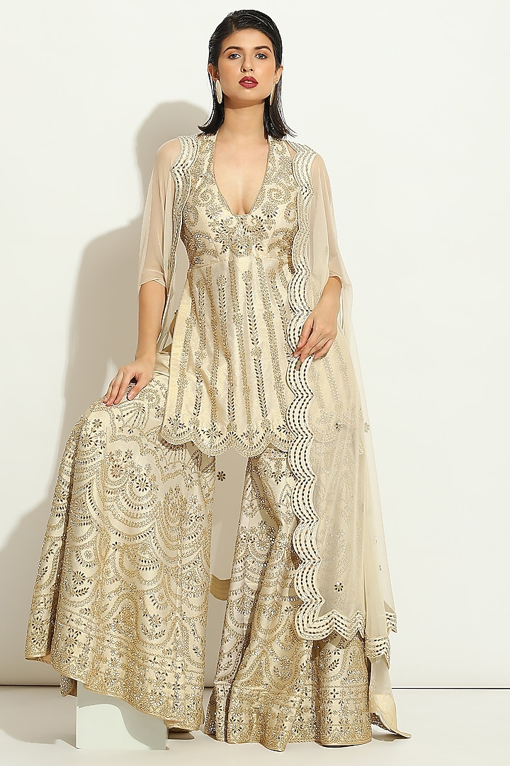 Ivory Shimmer Raw Silk Mirror Embroidered Gharara Set by Vandana Sethi at Pernia's Pop Up Shop