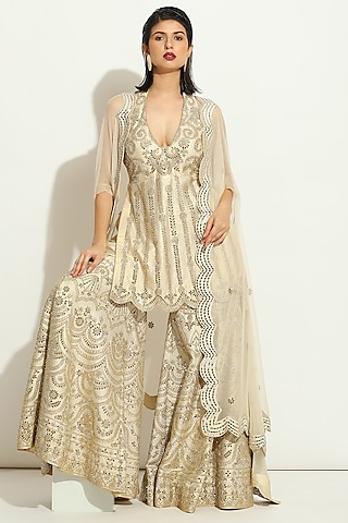Ivory Shimmer Raw Silk Mirror Embroidered Gharara Set by Vandana Sethi