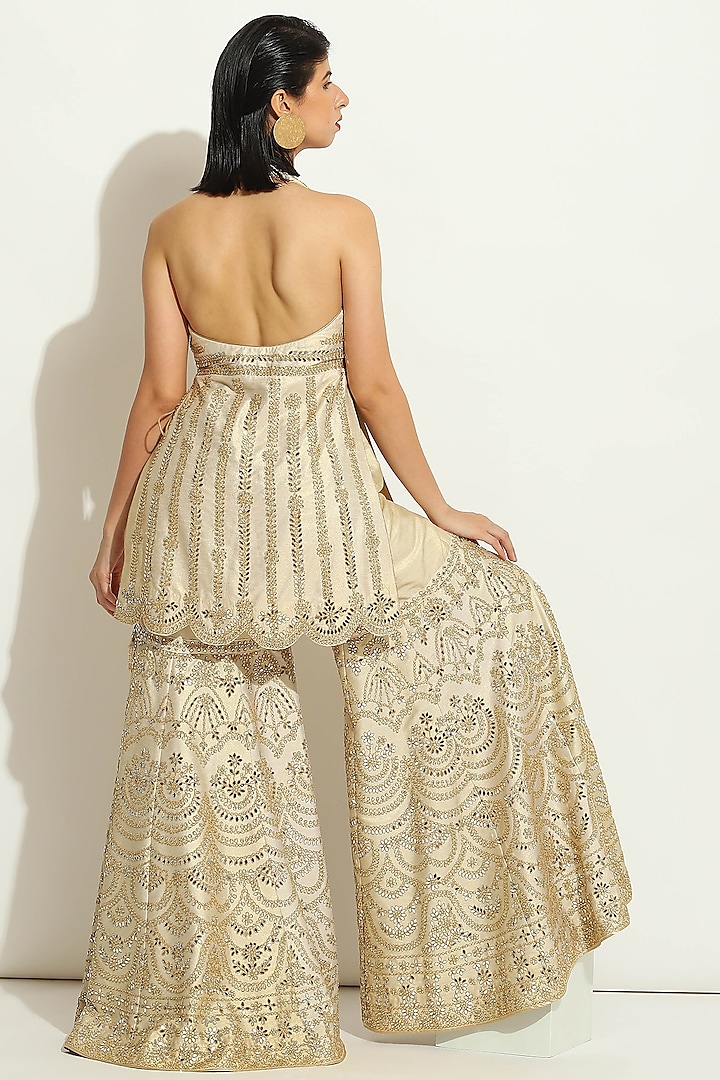 Ivory Shimmer Raw Silk Mirror Embroidered Gharara Set by Vandana Sethi at Pernia's Pop Up Shop