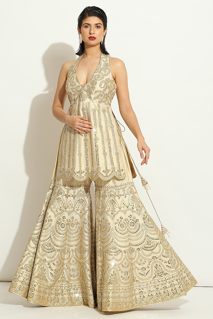 Ivory Shimmer Raw Silk Mirror Embroidered Gharara Set by Vandana Sethi at Pernia's Pop Up Shop