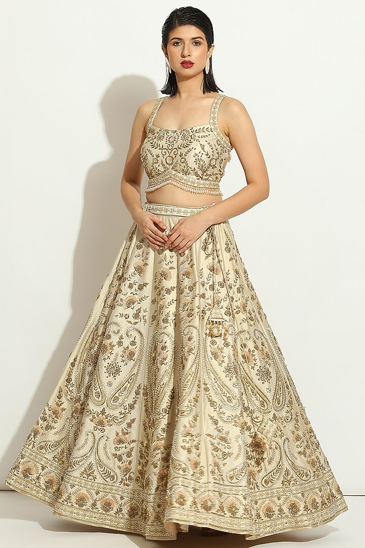 Ivory Shimmer Raw Silk Zardosi Embroidered Bridal Lehenga Set by Vandana Sethi at Pernia's Pop Up Shop