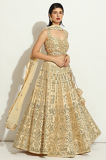 Ivory Dupion Silk Sequins Embroidered Bridal Lehenga Set by Vandana Sethi at Pernia's Pop Up Shop