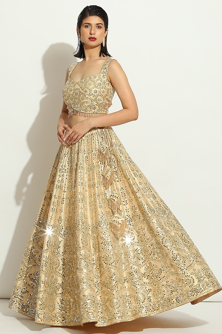 Ivory Dupion Silk Sequins Embroidered Bridal Lehenga Set by Vandana Sethi at Pernia's Pop Up Shop