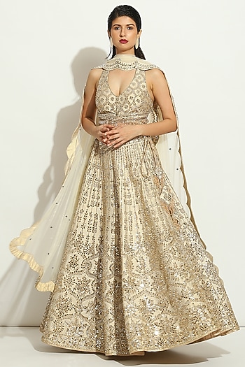 Ivory Dupion Silk MIrror Embroidered Bridal Lehenga Set by Vandana Sethi at Pernia's Pop Up Shop