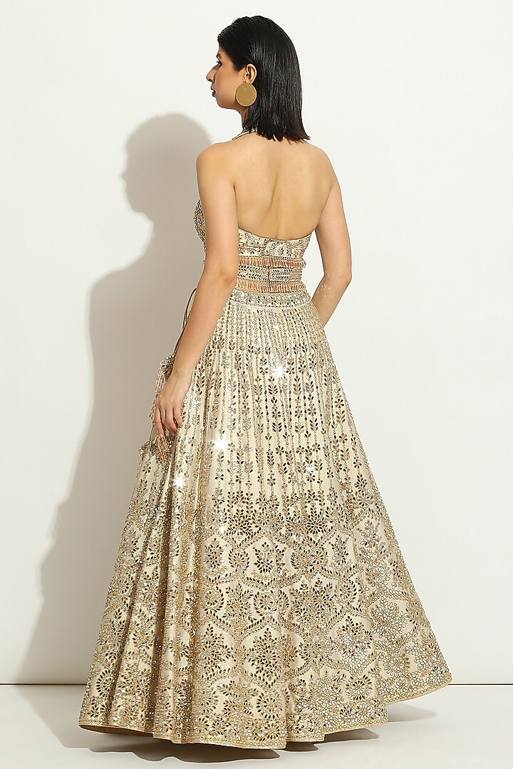 Ivory Dupion Silk MIrror Embroidered Bridal Lehenga Set by Vandana Sethi at Pernia's Pop Up Shop