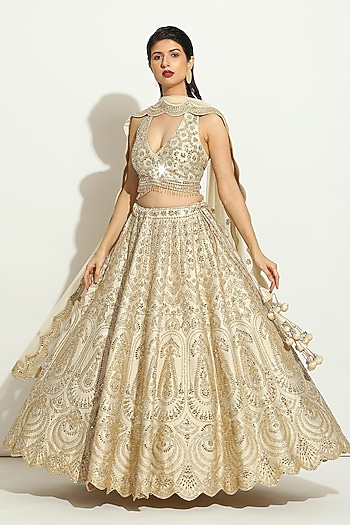 Ivory Dupion Silk MIrror Embroidered Bridal Lehenga Set by Vandana Sethi at Pernia's Pop Up Shop