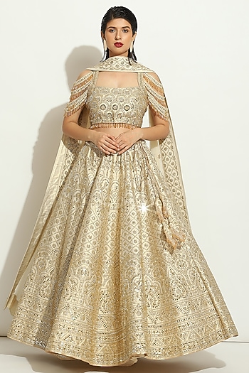 Ivory Shimmer Raw Silk MIrror Embroidered Bridal Lehenga Set by Vandana Sethi at Pernia's Pop Up Shop
