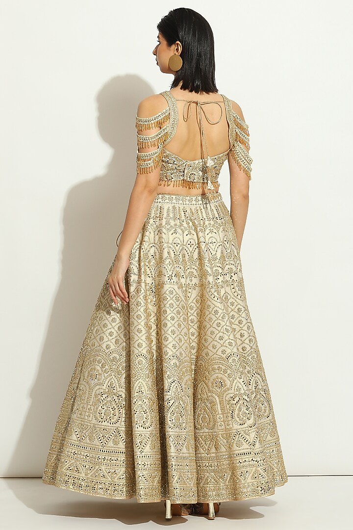 Ivory Shimmer Raw Silk MIrror Embroidered Bridal Lehenga Set by Vandana Sethi at Pernia's Pop Up Shop