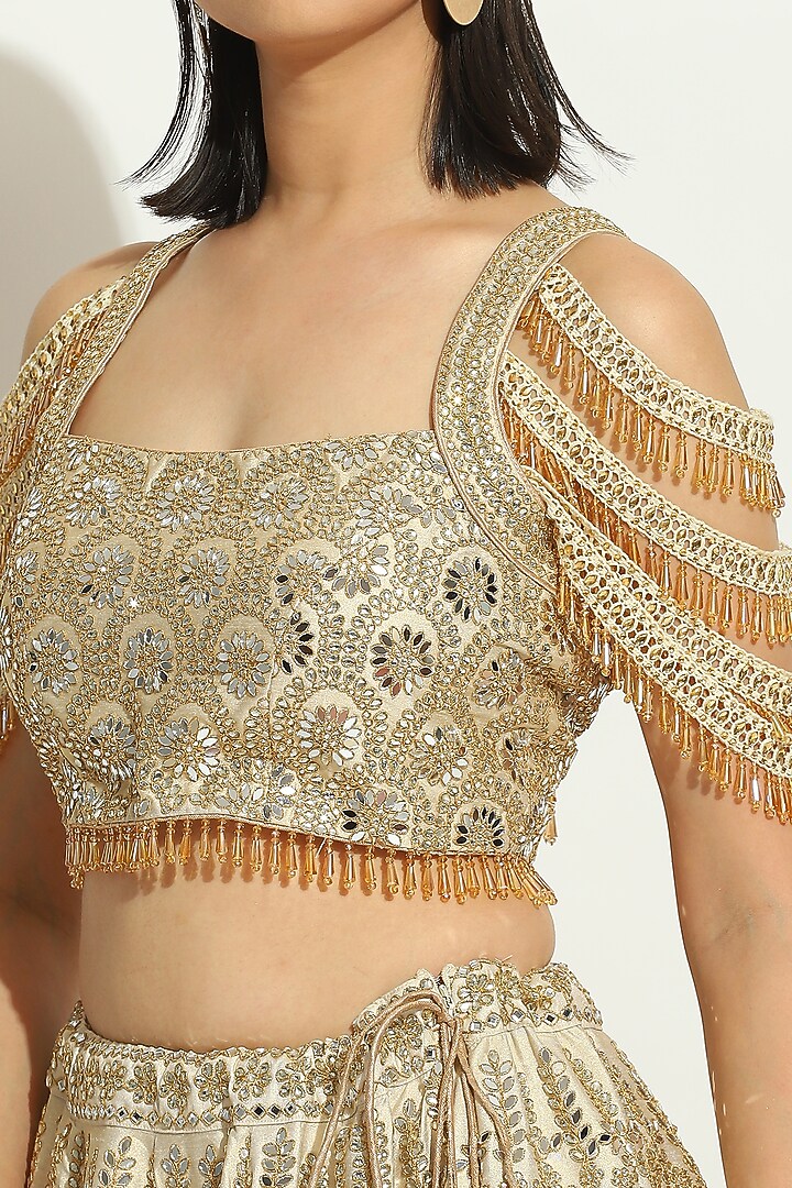 Ivory Shimmer Raw Silk MIrror Embroidered Bridal Lehenga Set by Vandana Sethi at Pernia's Pop Up Shop