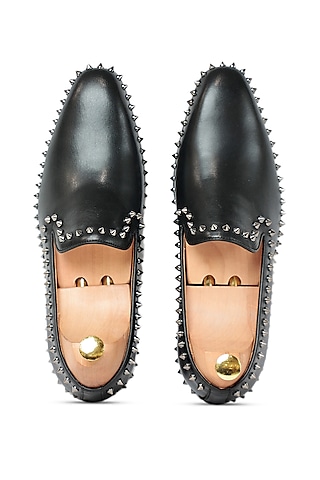 Black Leather Studded Slip-Ons by Vantier Fashion