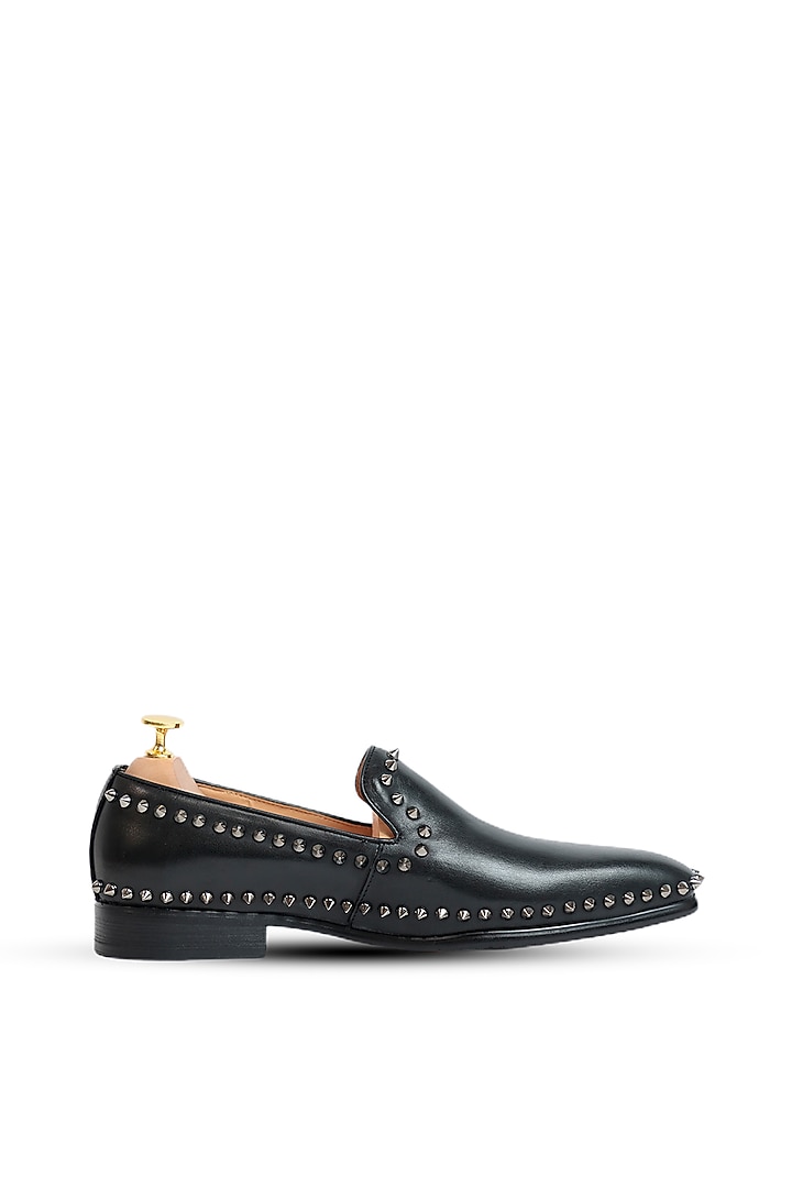 Black Leather Studded Slip-Ons by Vantier Fashion at Pernia's Pop Up Shop