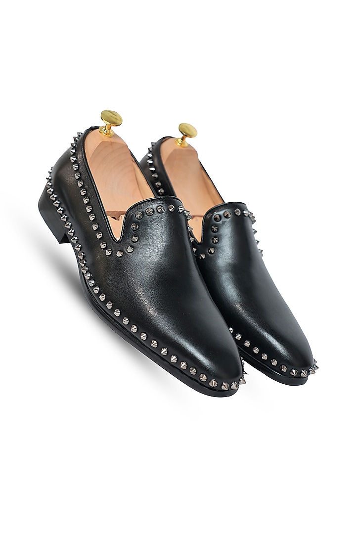 Black Leather Studded Slip-Ons by Vantier Fashion at Pernia's Pop Up Shop