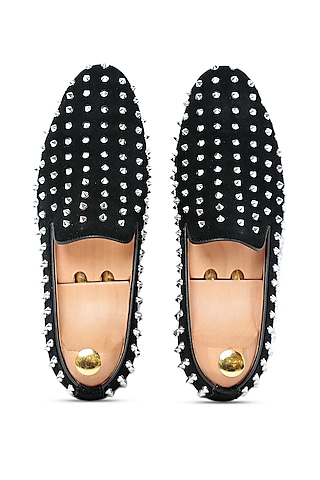 Black Leather Studded Slip-Ons by Vantier Fashion